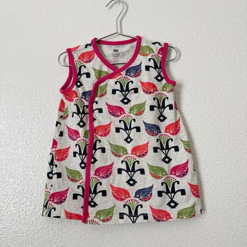 Tea Collection Girls' Kimono Wrap Sleeveless Top bird leaf print gray pink